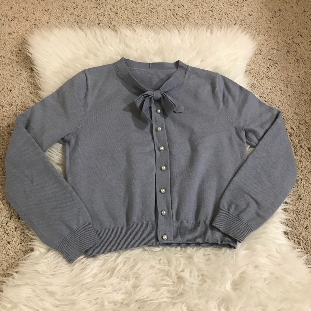 Pale blue woolen knitwear pleated skirt suit - Picture 4 of 6
